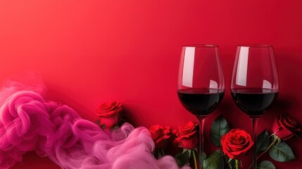 Romantic Setting with Red Roses and Wine Glasses on Red Background
