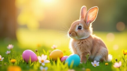 Light brown bunny resting on fresh grass with pastel-colored Easter eggs and spring flowers, bathed in soft golden sunlight, creating a charming and vibrant springtime composition.