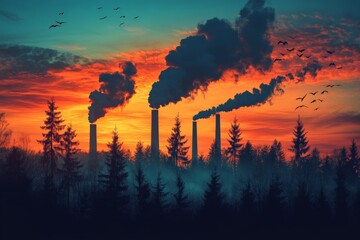 Smokestacks emit dark plumes against a vibrant sunset sky with silhouettes of trees and flying birds in the background