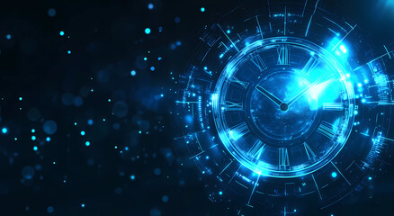 A blue clock with roman numerals on a black background