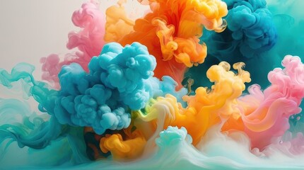 Obraz premium Vibrant explosion of swirling ink clouds in turquoise, orange, pink, and yellow, blending together in water to form a dynamic and bold abstract composition on a soft background.