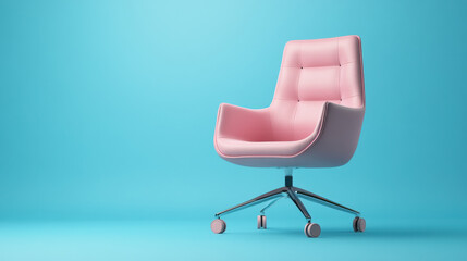 A soft pink office chair features a sleek design with wheels, set against a vibrant blue backdrop. This stylish piece is perfect for enhancing any modern workspace