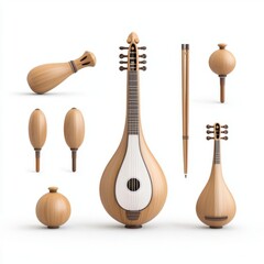 Collection of wooden musical instruments showcasing traditional craftsmanship and artistry in a minimalist design.