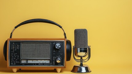 Vintage Radio and Microphone on Yellow Background for Retro Concept