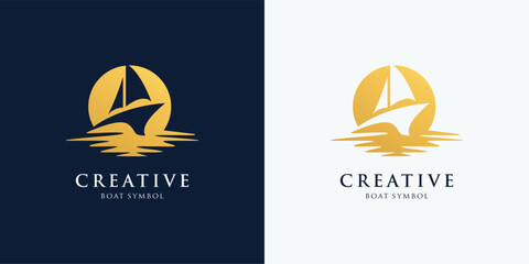 Naklejka premium Abstract sailling boat with water sea ocean wave logo design