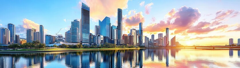 Stunning city skyline at sunset, reflecting in calm water, showcasing modern architecture and vibrant colors.