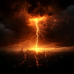 Fototapeta premium Fiery Lightning Strikes Cityscape at Night