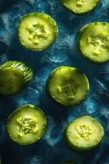 Freshly cut cucumber slices arranged neatly on a bright blue surface