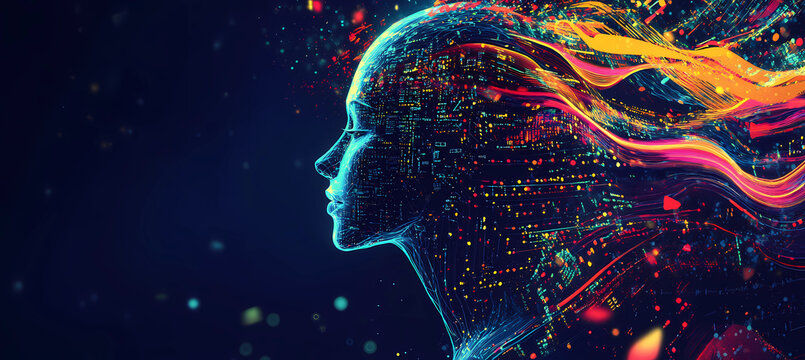 A woman's face is shown in a colorful, abstract style - Powered by Adobe