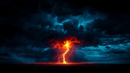 Fototapeta premium Fiery Lightning Strikes Dark Stormy Sky
