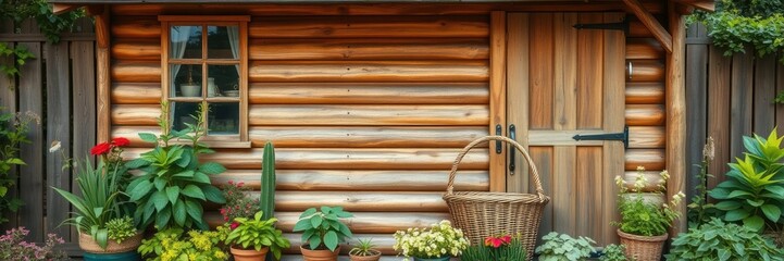 Rustic wooden shed with wicker basket garden in front, wicker baskets, earthy tones, natural materials