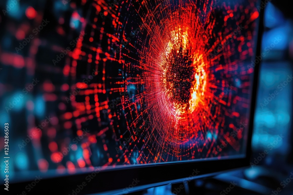 Poster a close-up shot of a computer screen with red lights, suitable for use in technology-related context