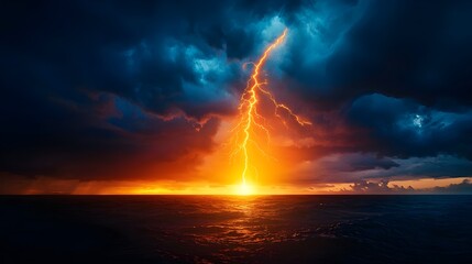 Obraz premium Fiery Lightning Strikes Ocean Sunset