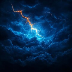 Fototapeta premium Fiery Lightning Strikes Through Dark Blue Clouds