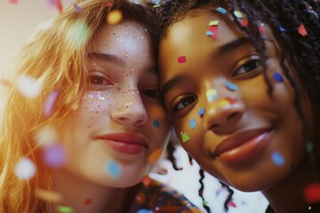 Two women posing for a photo surrounded by confetti, perfect for celebrations or parties