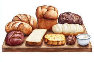 Variety of fresh breads displayed on a wooden board shows traditional baking methods and textures