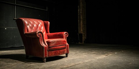 Red vintage leather armchair in a dark room, old bookshelf, vintage armchair