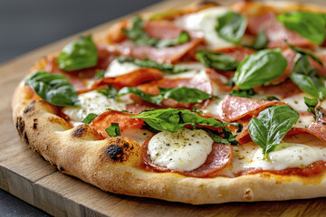Delicious Italian pizza topped with fresh basil, mozzarella, and salami