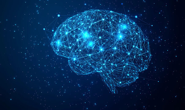 A brain made of lines and dots is shown in a blue background