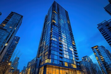 Fototapeta premium Urban Skyline: Majestic Towers Piercing the Sky, Cityscape, Modern Architecture, Glass Buildings, Downtown Metropolis, 