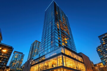 Majestic Cityscape: Soaring Skyscrapers and Urban Skyline at Dusk, Breathtaking View of Modern Architecture,            