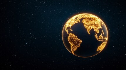 Fototapeta premium Glowing Golden Earth In Dark Space With City Lights