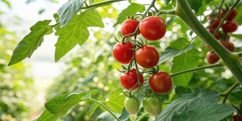 Plump cherry tomatoes hanging from a stem on a vine with lush green leaves and soft sunlight filtering through, garden, cherry tomatoes, succulent, summer fruit, plant life