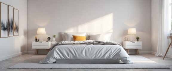 Plain white bedroom with a white table near the bed, bed, blank wall