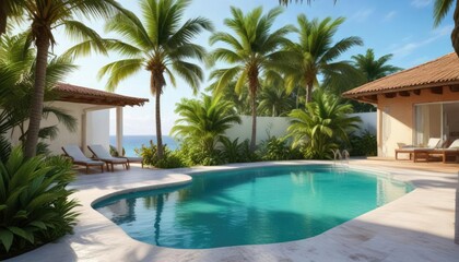Fototapeta premium Piscine et palme dans une aquarelle de maison tropicale, eau, tropical