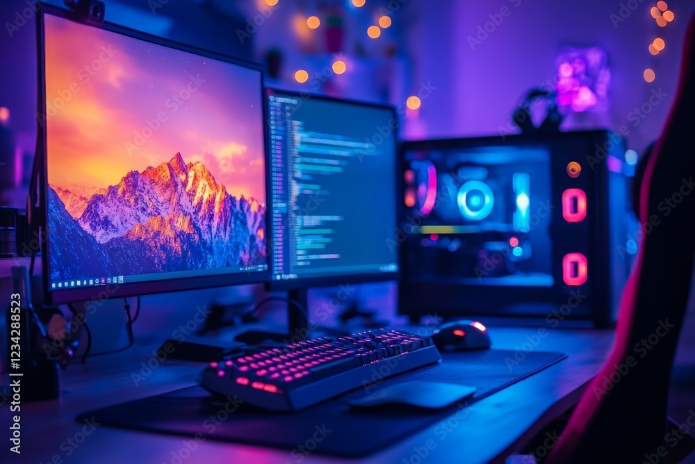 Poster bright and colorful gaming setup in a cozy room with dual monitors and ambient lighting