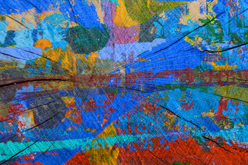 Wooden surface with colorful abstract designs.