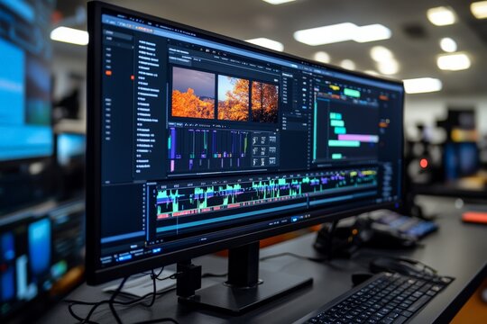 Creative video editing workstation with advanced software displaying colorful timeline and graphics in a modern studio environment