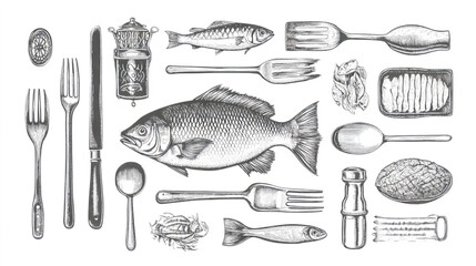 set of vintage grill elements, detailed fish and meat cutlery, woodcut engraving style, high-quality, professional, sharp clip art, intricate vintage food illustrations on a white background