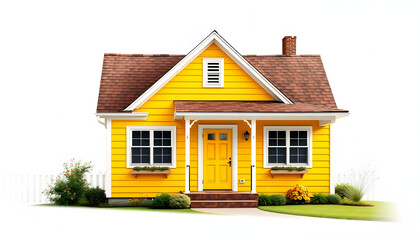 Small American yellow house exterior , with white tonespng