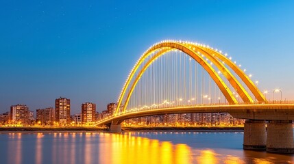 Naklejka premium Golden Arch Bridge at Twilight City Skyline Night View