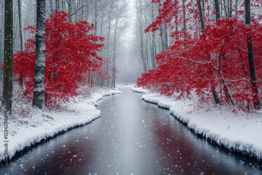 Aufkleber beautiful winter landscape with red trees and a flowing river in a snowy forest