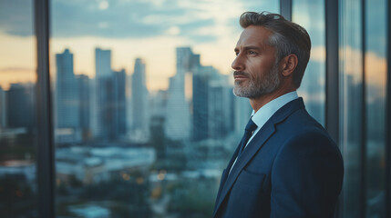 A confident CEO in a tailored navy blue suit, standing in a glass-walled office with a panoramic city view. He is looking at financial reports displayed on a transparent screen, illuminated by natural