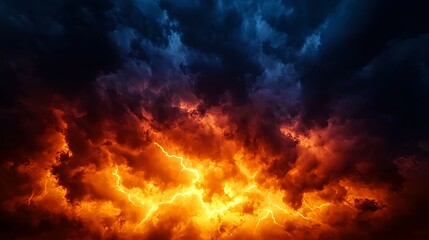 Fiery Orange and Blue Storm Clouds with Lightning