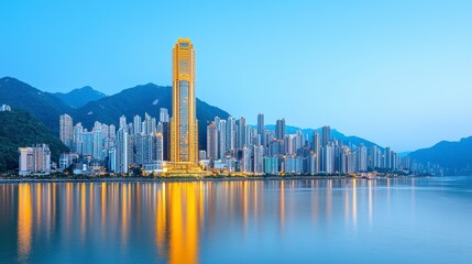 Obraz premium Golden Skyscraper and City Skyline at Dawn