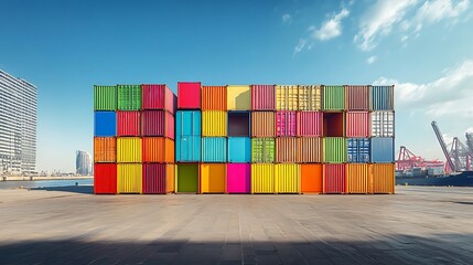 Container Cargo freight ship in harbor with cityscape background at twilight time.
