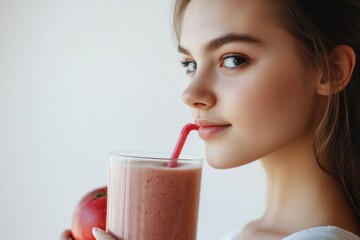 A woman holds an apple and a smoothie, a healthy snack or meal
