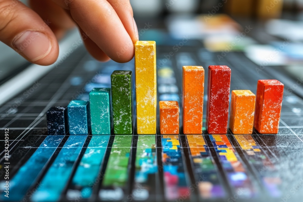 Fototapete Colorful bar graph made of resin blocks illustrates data trends on a dark work surface with hand positioning blocks