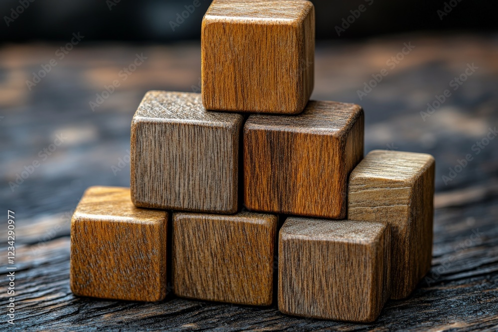 Poster wooden blocks arranged in a pyramid on a rustic wooden surface during daylight