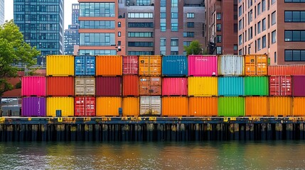 Fototapeta premium Container Cargo freight ship in harbor with cityscape background at twilight time.