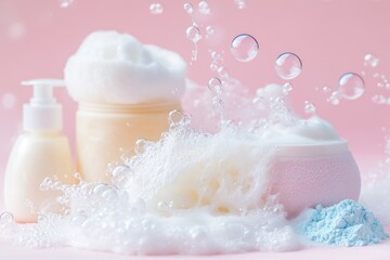 A bath tub filled with soap and lotion, surrounded by soap bubbles