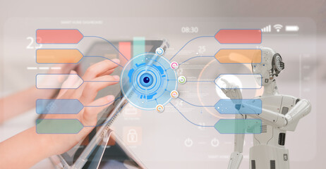 learning concept children using computer in classroom working with robot analysing or creating program and data chart, kid skill development and activity