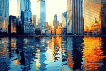 Fototapeta premium Reflective Metropolis: A Stunning Abstract Cityscape of Towering Skyscrapers, Gleaming with Urban Light and Modern Architectural Design, Perfect for Futuristic, Technology, and Business 
