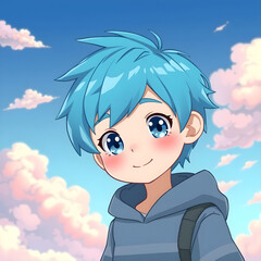 An animation-style boy, about 15 years old. Bright blue hair and big eyes. A fairytale sky with pastel-colored hoodies and clouds floating in the background. A cute and friendly atmosphere.