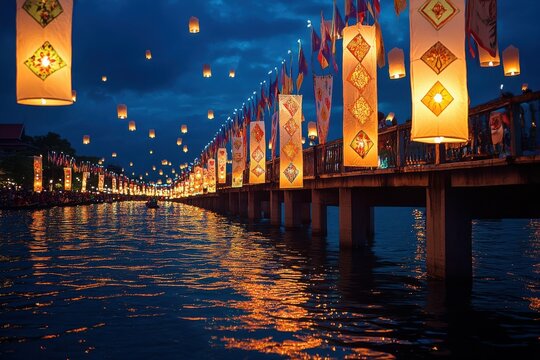 Thailand Lantern Festival: A panoramic view of lanterns released from a bridge, their light creating a glowing pathway along the water below, with traditional Thai flags adorning the bridge, symbolic