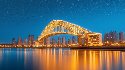 Naklejka premium Illuminated Bridge at Night, with Starry Sky and City Reflection